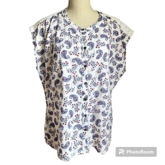 Ruff Hewn Boho Paisley Button Down Blouse - Red White Blue Crochet Large - Picture 3 of 10